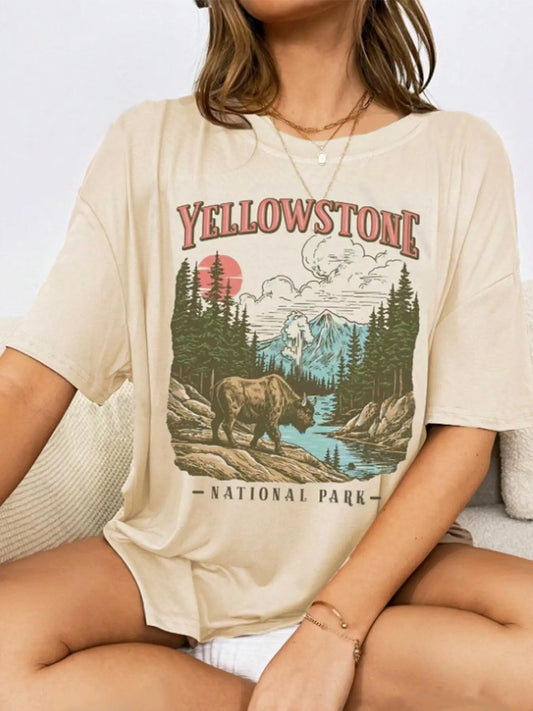 Women's Yellowstone National Park Graphic Tee, Casual Round Neck Half Sleeve T-shirt for Daily Wear, Ladies Clothes for All Seasons