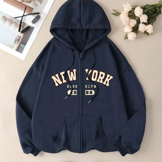 Women's Zip Up Hoodies Letter Print Drawstring Long Sleeve Sweatshirt Jacket with Pocket