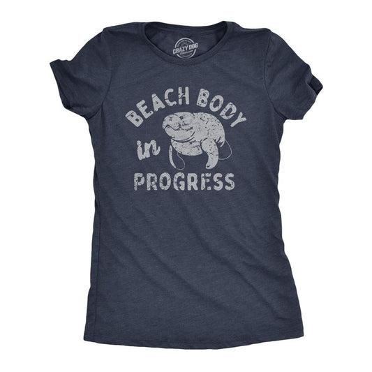 Womens Beach Body In Progress T Shirt Funny Big Chubby Manitee Tee For Ladies Funny Womens T Shirts Cute Slimming Tees with Plus Sizes Sarcastic T Shirt for Women Funny Fitness T Shirt Women's Novelty Navy -