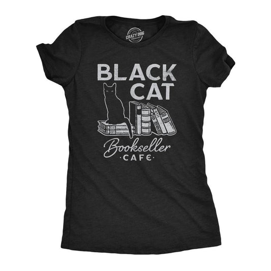 Womens Black Cat Bookseller Cafe T Shirt Funny Halloween Book Lovers Novelty Tee For Ladies Funny Womens T Shirts Cute Slimming Top Comfortable Soft Womenswear Halloween Tops for Women Funny Cat Top Black -