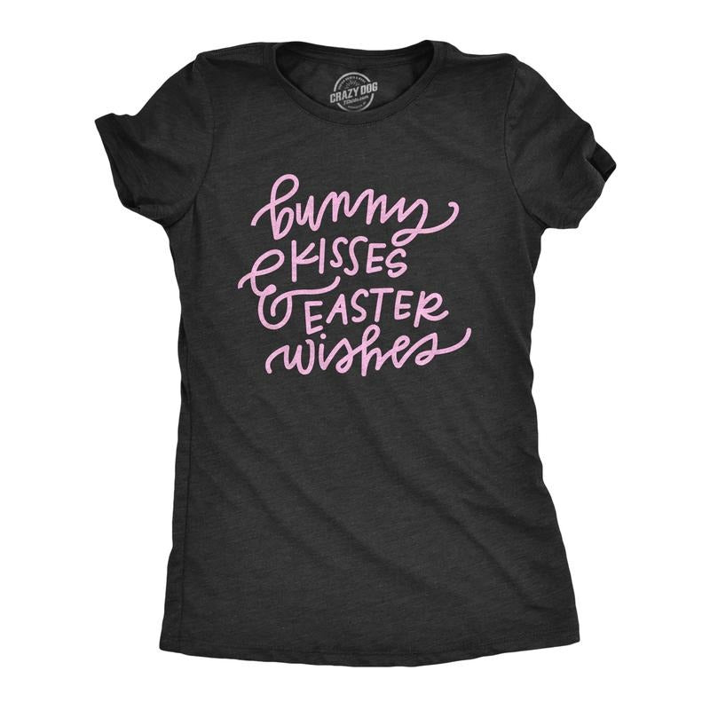 Womens Bunny Kisses And Easter Wishes T Shirt Funny Holiday Easter Sunday Cute Novelty Tee Funny Womens T Shirts Cute Slimming Top Comfortable Soft Womenswear Easter Tops for Women Women's Novelty Black -