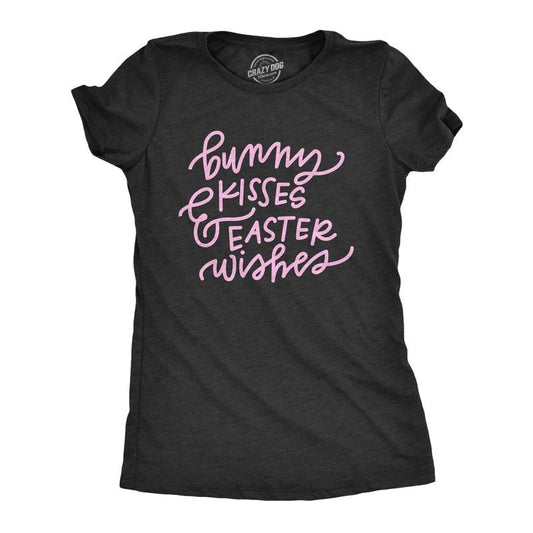 Womens Bunny Kisses And Easter Wishes T Shirt Funny Holiday Easter Sunday Cute Novelty Tee Funny Womens T Shirts Cute Slimming Top Comfortable Soft Womenswear Easter Tops for Women Women's Novelty Black -