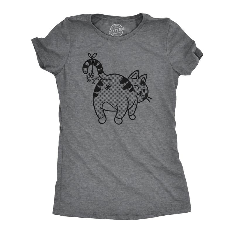Womens Cat Butt Mistletoe T Shirt Funny Christmas Kitty Animal Lover Graphic Novelty Tee Funny Womens T Shirts Cute Slimming Top Comfortable Soft Womenswear Christmas Tops for Women Funny Cat Top Dark Grey