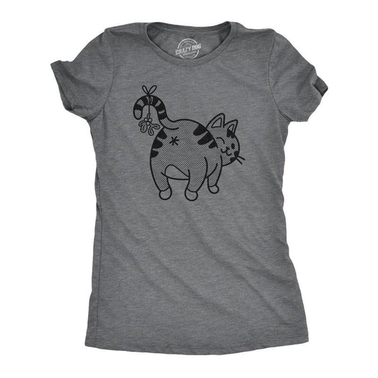 Womens Cat Butt Mistletoe T Shirt Funny Christmas Kitty Animal Lover Graphic Novelty Tee Funny Womens T Shirts Cute Slimming Top Comfortable Soft Womenswear Christmas Tops for Women Funny Cat Top Dark Grey