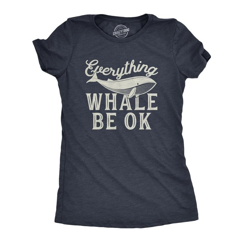 Womens Everything Whale Be Okay T Shirt Funny Ocean Marine Graphic Novelty Tee Funny Womens T Shirts Cute Slimming Top Comfortable Soft Womenswear Animal Tops for Women Funny Summer Top Women's Navy -
