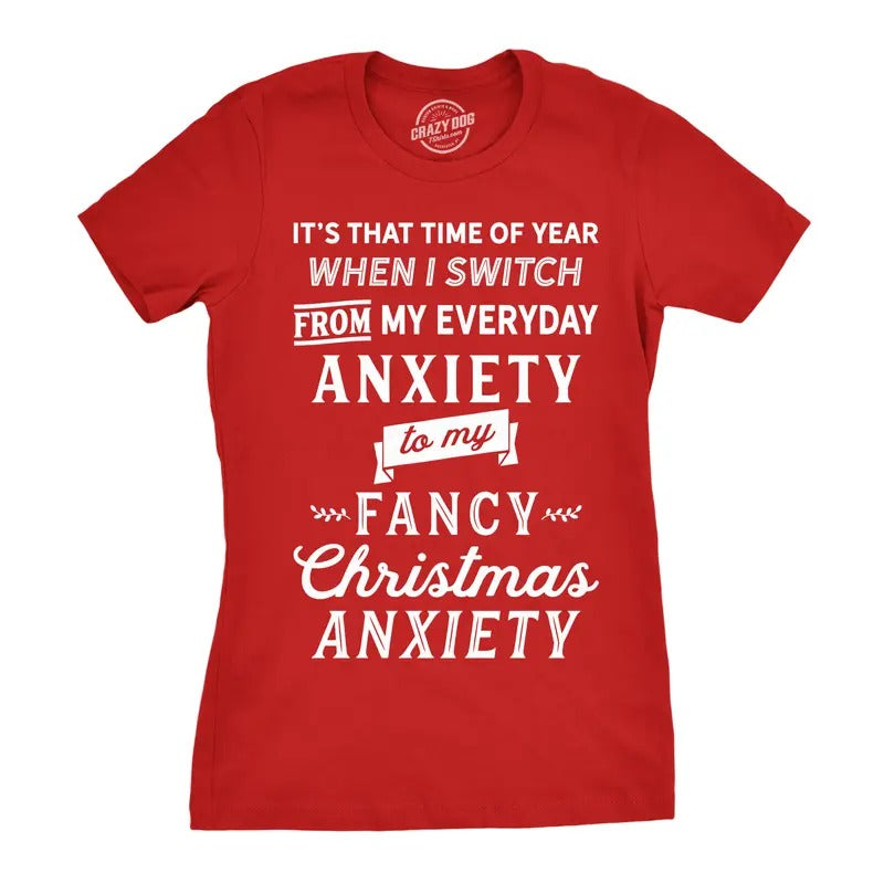 Womens Fancy Christmas Anxiety T Shirt Funny Holiday Season Tee For Ladies Funny Womens T Shirts Cute Slimming Top Comfortable Soft Womenswear Christmas Tops for Women Women's Novelty Tees Red
