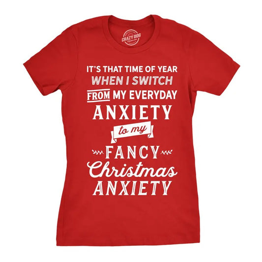 Womens Fancy Christmas Anxiety T Shirt Funny Holiday Season Tee For Ladies Funny Womens T Shirts Cute Slimming Top Comfortable Soft Womenswear Christmas Tops for Women Women's Novelty Tees Red