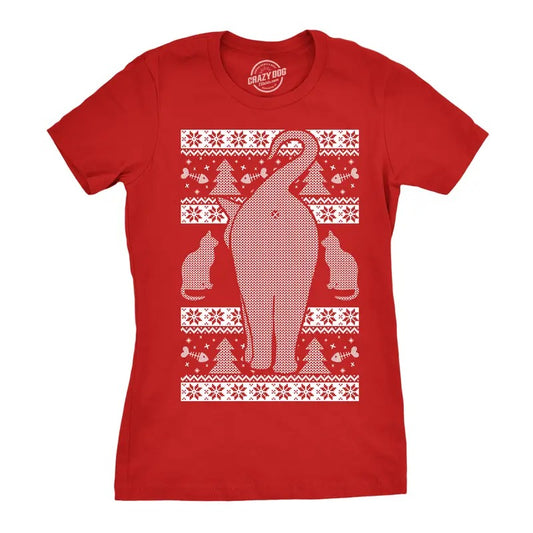 Womens Festive Cat Butt Ugly Christmas Sweater T Shirt Funny Holiday Party Tee Funny Womens T Shirts Cute Slimming Top Comfortable Soft Womenswear Christmas Tops for Women Funny Knit Pattern Top Red