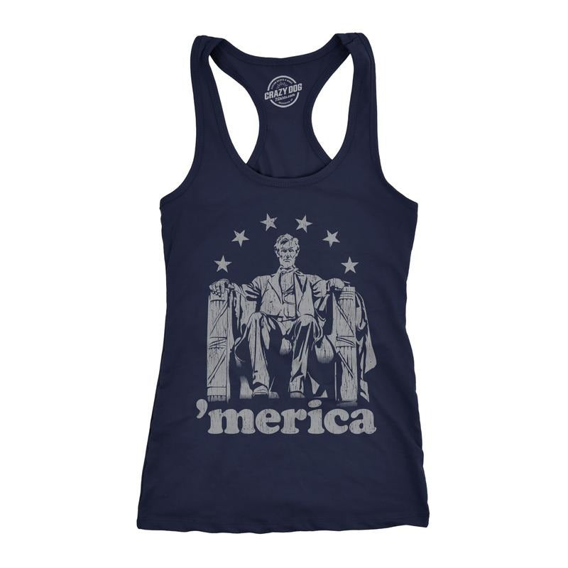 Womens Fitness Tank Abe Lincoln 'Merica Tanktop Funny 4th of July USA Patriotic Graphic Novelty Shirt Funny Racerback Tank Cute Slimming Tank tops comfortable soft top Patriotic Tank Top for Women Navy