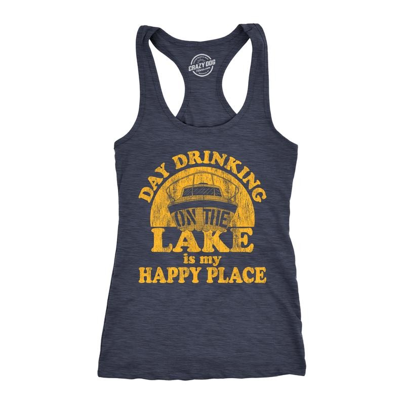 Womens Fitness Tank Day Drinking On The Lake Is My Happy Place Tanktop Funny Summer Boating Vacation Shirt Funny Racerback Tank Cute Slimming Tank tops comfortable soft top Summer Tank Top for Women Navy