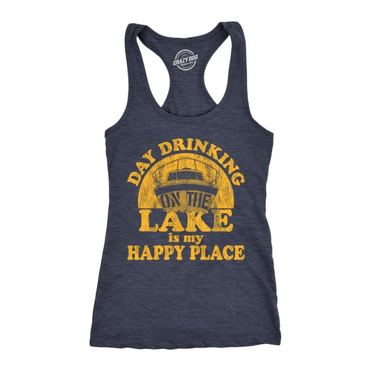 Womens Fitness Tank Day Drinking On The Lake Is My Happy Place Tanktop Funny Summer Boating Vacation Shirt Funny Racerback Tank Cute Slimming Tank tops comfortable soft top Summer Tank Top for Women Navy