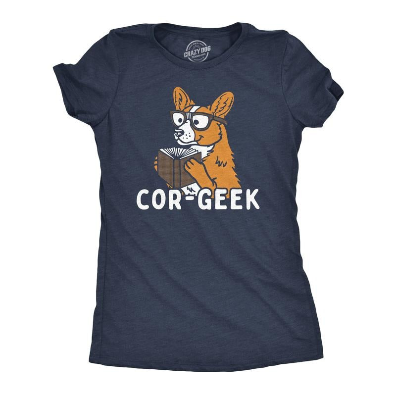 Womens Funny T Shirts Cor Geek Sarcastic Corgi Graphic Tee For Ladies Funny Womens T Shirts Cute Slimming Top Comfortable Soft Womenswear Nerd Tops for Women Funny Dog Top Women's Novelty Tees Navy - Cor