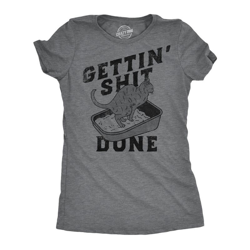 Womens Funny T Shirts Gettin Shit Done Sarcastic Cat Poop Joke Tee for Ladies Funny Womens T Shirts Cute Slimming Top Comfortable Soft Black -