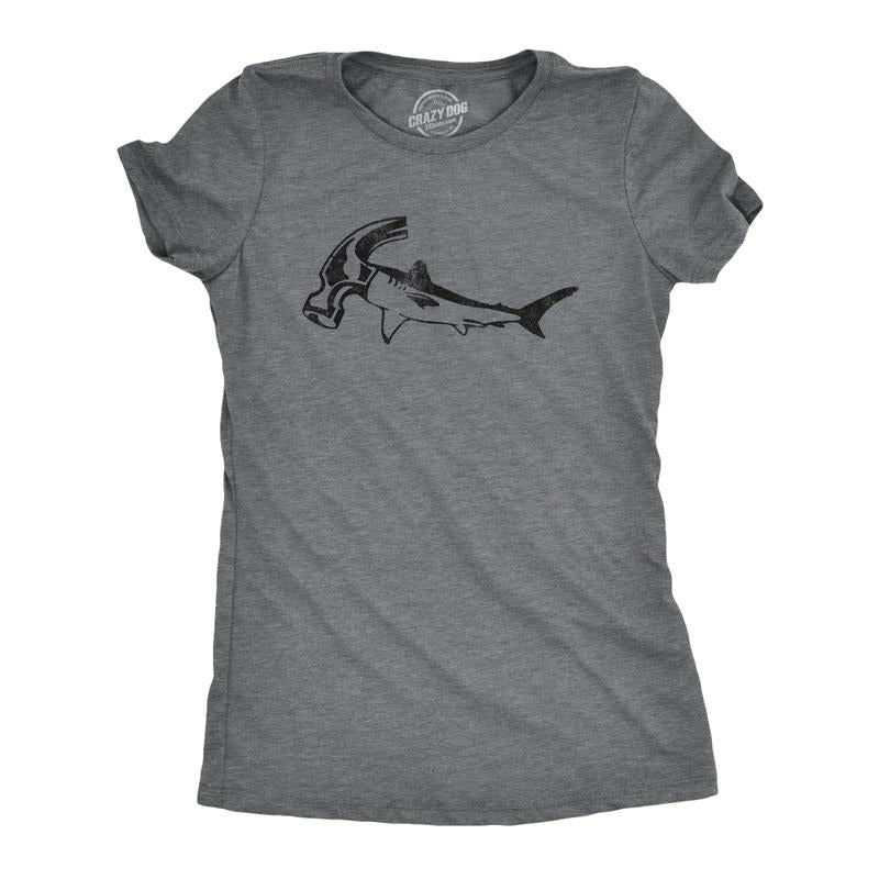 Womens Hammer Head Shark T Shirt Funny Shark Week Tool Joke Tee for Ladies Funny Womens T Shirts Cute Slimming Top Comfortable Soft Womenswear Shark Tops for Women Funny Sarcastic Top Women's Novelty Dark Grey