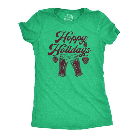 Womens Hoppy Holidays T Shirt Funny Xmas Beer Drinking Pint Glass Hops Tee For Ladies Funny Womens T Shirts Cute Slimming Top Comfortable Soft Womenswear Christmas T Shirt for Women Funny Beer T Shirt Green -