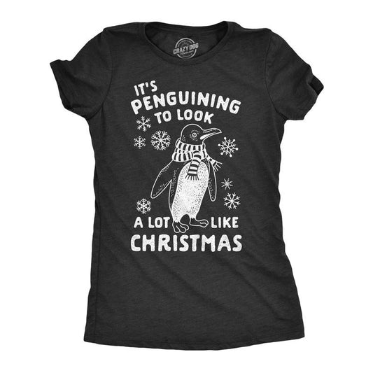 Womens It's Penguining to Look A Lot Like Christmas T Shirt Funny Holiday Penguin Xmas Tee Funny Womens T Shirts Cute Slimming Top Comfortable Soft Womenswear Christmas Tops for Women Women's Novelty Black -