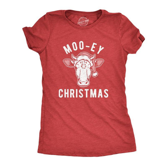 Womens Moo-ey Christmas T Shirt Funny Holiday Festive Cow Merry Xmas Graphic Tee Funny Womens T Shirts Cute Slimming Top Comfortable Soft Womenswear Christmas Tops for Women Funny Animal Top Women's Red