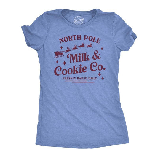 Womens North Pole Milk And Cookie Co T Shirt Funny Xmas Bakery Shop Joke Tee For Ladies Funny Womens T Shirts Cute Slimming Top Comfortable Soft Womenswear Christmas Tops for Women Funny Food Top Light Blue