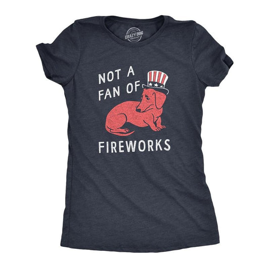 Womens Not A Fan Of Fireworks T Shirt Funny Fourth Of July Scared Puppy Tee For Ladies Funny Womens T Shirts Cute Slimming Top Comfortable Soft Womenswear Patriotic Tops for Women Funny Dog Top Navy -