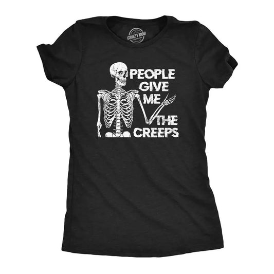 Womens People Give Me The Creeps Skeleton T Shirt Funny Halloween Scary Dead Introverted Joke Tee For Ladies Funny Womens T Shirts Cute Slimming Top Comfortable Soft Womenswear Halloween Tops for Black -