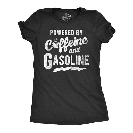 Womens Powered By Caffeine And Gasoline T Shirt Funny Coffee Mechanic Joke Tee For Ladies Funny Womens T Shirts Cute Slimming Top Comfortable Soft Womenswear Mechanic T Shirt for Women Funny Coffee T Black -