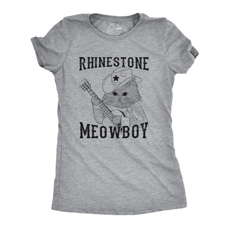 Womens Rhinestone Meowboy T Shirt Funny Cute Kitten Cowboy Novelty Tee For Ladies Funny Womens T Shirts Cute Slimming Top Comfortable Soft Womenswear Music Tops for Women Funny Cat T Shirt Women's Light Grey