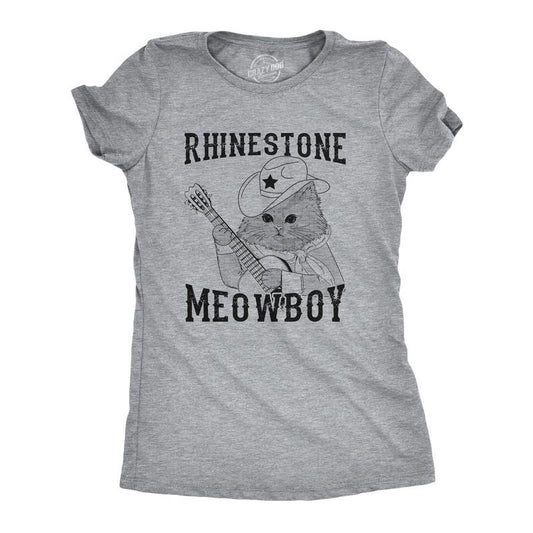 Womens Rhinestone Meowboy T Shirt Funny Cute Kitten Cowboy Novelty Tee For Ladies Funny Womens T Shirts Cute Slimming Top Comfortable Soft Womenswear Music Tops for Women Funny Cat T Shirt Women's Light Grey