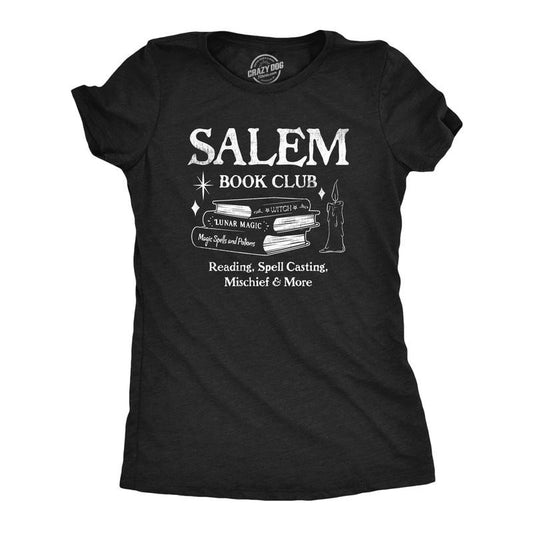 Womens Salem Book Club T Shirt Funny Halloween Witchcraft Joke Tee for Ladies Funny Womens T Shirts Cute Slimming Top Comfortable Soft Womenswear Halloween Tops for Women Women's Novelty Tees Black -