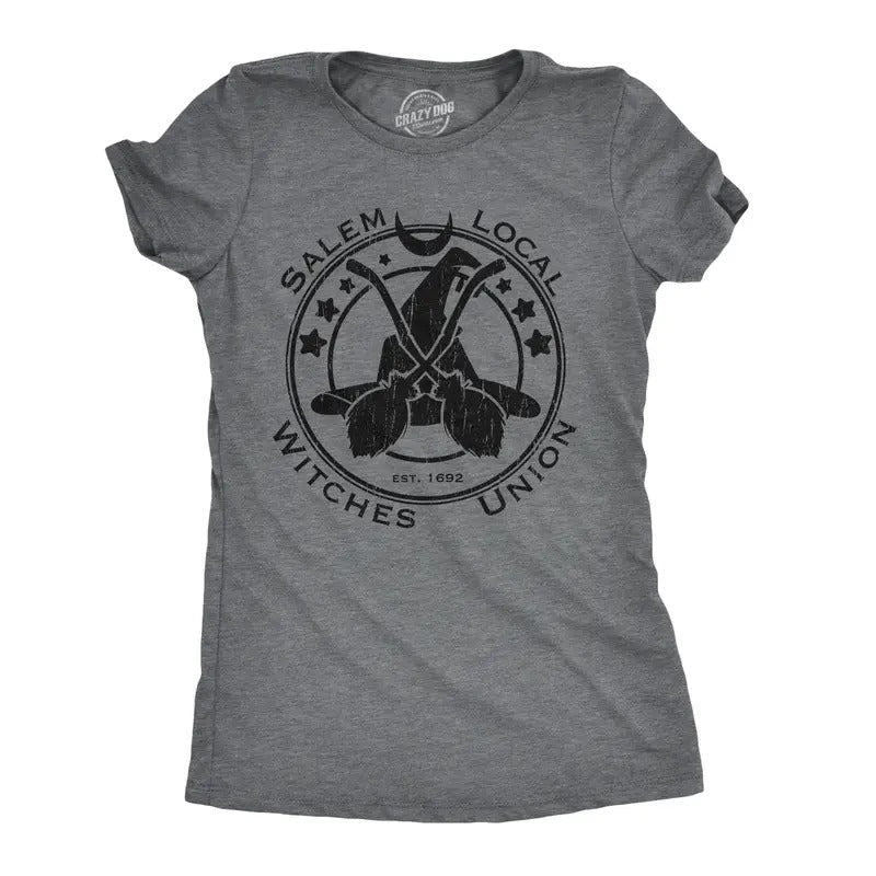Womens Salem Local Witches Union T Shirt Funny Halloween Witch Tee Funny Womens T Shirts Cute Slimming Top Comfortable Soft Womenswear Halloween Tops for Women Funny Office Top Women's Novelty Tees Dark Grey