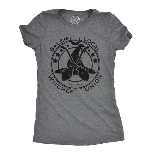 Womens Salem Local Witches Union T Shirt Funny Halloween Witch Tee Funny Womens T Shirts Cute Slimming Top Comfortable Soft Womenswear Halloween Tops for Women Funny Office Top Women's Novelty Tees Dark Grey