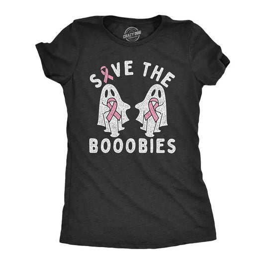 Womens Save The Booobies T Shirt Awesome Halloween Breast Cancer Awareness Ghost Tee for Ladies Funny Womens T Shirts Cute Slimming Top Comfortable Soft Womenswear Halloween Tops for Women Funny Black -