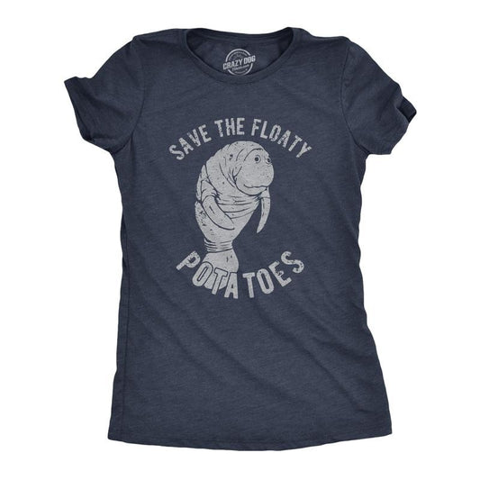 Womens Save The Floaty Potatoes T Shirt Funny Manatee Conservation Tee Funny Womens T Shirts Cute Slimming Top Comfortable Soft Womenswear Environmental Tops for Women Funny Animal Top Women's Novelty Navy