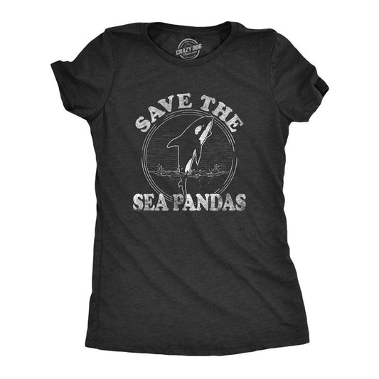 Womens Save The Sea Pandas Funny Whale Orca Dolphin Ocean Life T shirt Funny Womens T Shirts Cute Slimming Top Comfortable Soft Womenswear Environmental Tops for Women Funny Animal Top Women's Novelty Black
