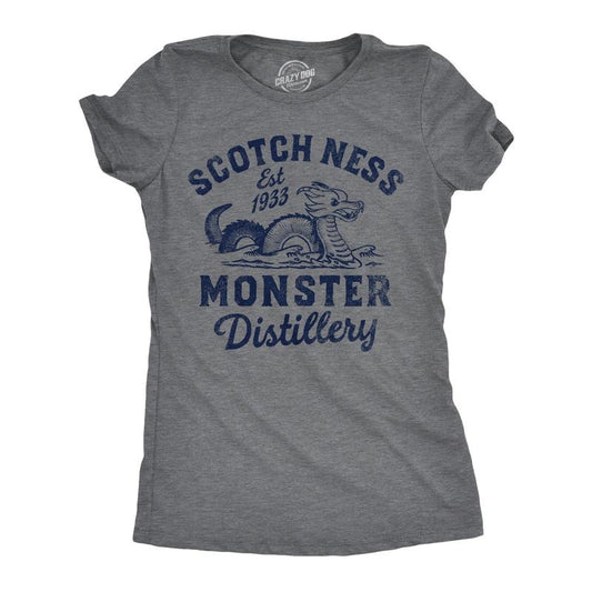 Womens Scotch Ness Monster Distillery Funny T Shirt Drinking Graphic Tee for Ladies Funny Womens T Shirts Cute Slimming Top Comfortable Soft Womenswear Sarcastic Tops for Women Funny Liquor Top Dark Grey