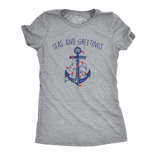 Womens Seas And Greetings T Shirt Funny Xmas Lights Sailing Anchor Joke Tee For Ladies Funny Womens T Shirts Cute Slimming Top Comfortable Soft Womenswear Christmas Tops for Women Funny Sarcastic Top Light Grey