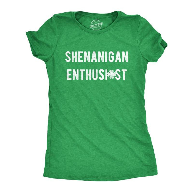 Womens Shenanigan Enthusiast T Shirt Funny St Patricks Day Party Novelty Tee Funny Womens T Shirts Cute Slimming Top Comfortable Soft Womenswear Saint Patrick's Day Tops for Women Women's Novelty Tees Green