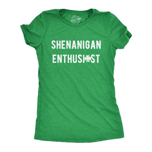 Womens Shenanigan Enthusiast T Shirt Funny St Patricks Day Party Novelty Tee Funny Womens T Shirts Cute Slimming Top Comfortable Soft Womenswear Saint Patrick's Day Tops for Women Women's Novelty Tees Green