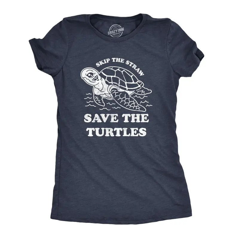 Womens Skip The Straw Save The Turtles T Shirt Environmental Awareness Tee Funny Womens T Shirts Cute Slimming Top Comfortable Soft Navy