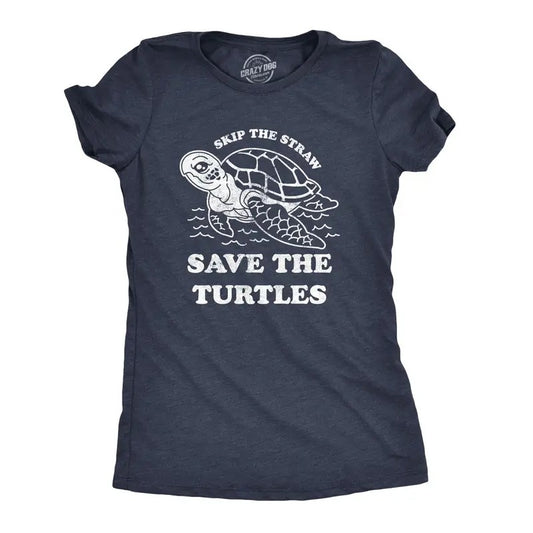 Womens Skip The Straw Save The Turtles T Shirt Environmental Awareness Tee Funny Womens T Shirts Cute Slimming Top Comfortable Soft Navy