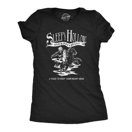 Womens Sleepy Hollow Bed And Breakfast T Shirt Funny Halloween Spooky Hotel Inn Joke Tee For Ladies Funny Womens T Shirts Cute Slimming Top Comfortable Soft Womenswear Halloween Tops for Women Funny Black -