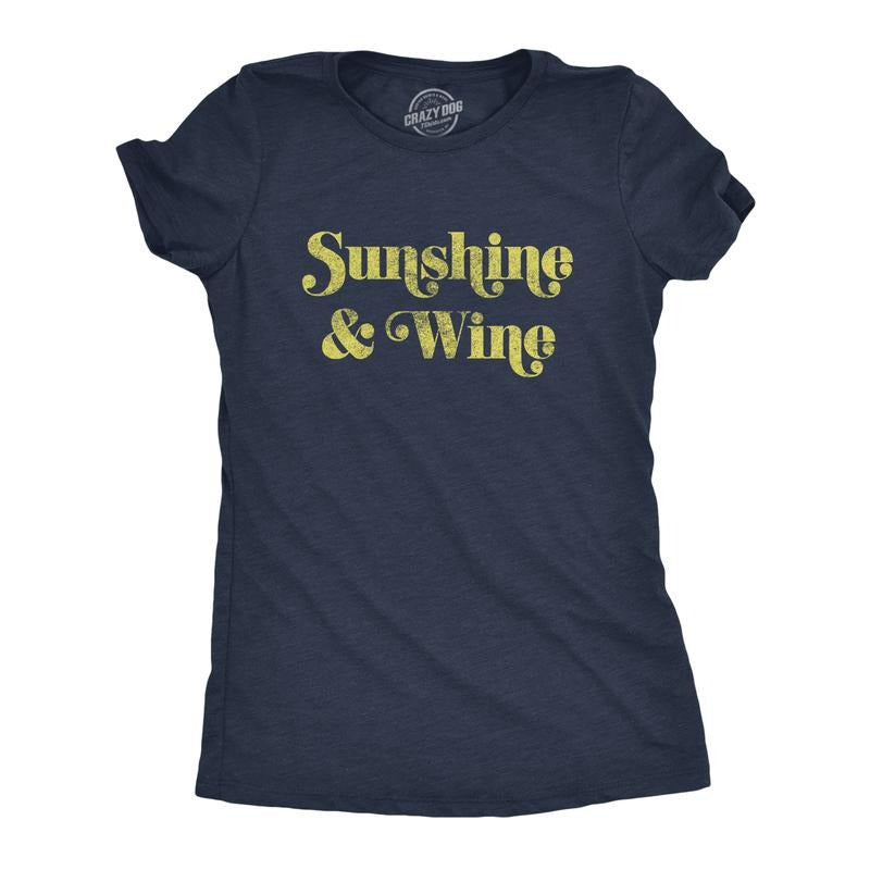 Womens Sunshine and Wine T Shirt Funny Summertime Drinking Vino Graphic Tee Funny Womens T Shirts Cute Slimming Top Comfortable Soft Navy