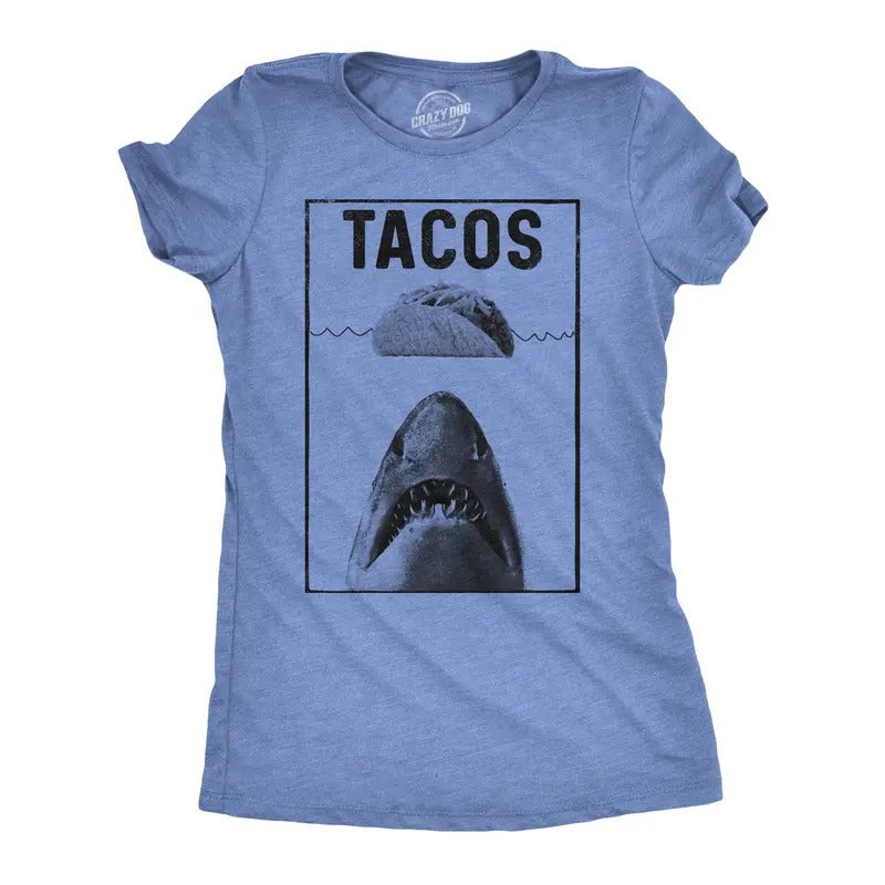 Womens Tacos Shark T Shirt Funny Jaws Tee For Ladies Funny Womens T Shirts Cute Slimming Top Comfortable Soft Womenswear Cinco De Mayo Tops for Women Funny Shark Top Women's Novelty Tees Light Blue