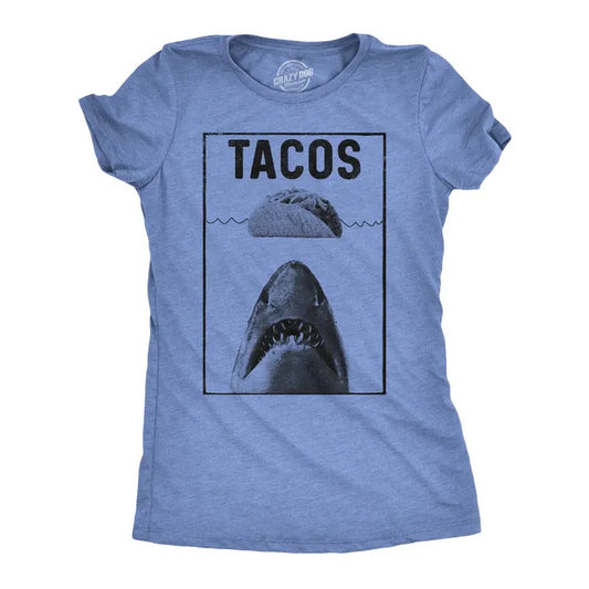 Womens Tacos Shark T Shirt Funny Jaws Tee For Ladies Funny Womens T Shirts Cute Slimming Top Comfortable Soft Womenswear Cinco De Mayo Tops for Women Funny Shark Top Women's Novelty Tees Light Blue