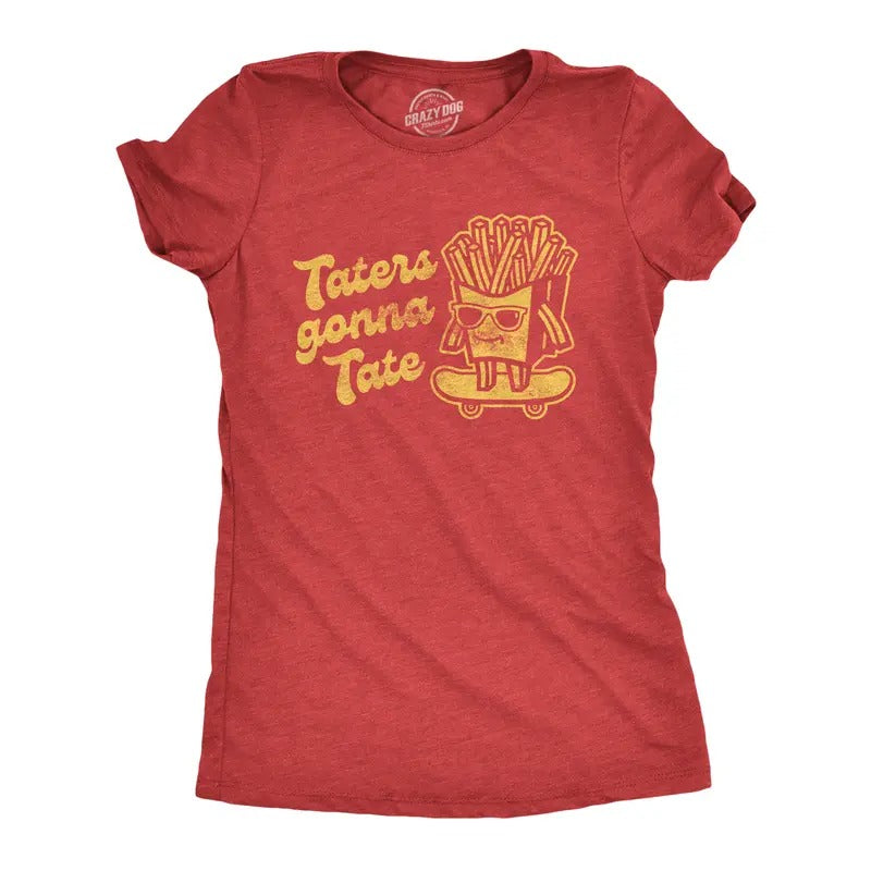 Womens Taters Gonna Tate T Shirt Funny French Fries Skateboarding Graphic Tee Funny Womens T Shirts Cute Slimming Top Comfortable Soft Womenswear Funny Food Top Women's Novelty Tees Red -