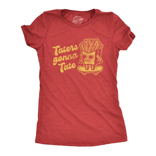 Womens Taters Gonna Tate T Shirt Funny French Fries Skateboarding Graphic Tee Funny Womens T Shirts Cute Slimming Top Comfortable Soft Womenswear Funny Food Top Women's Novelty Tees Red -