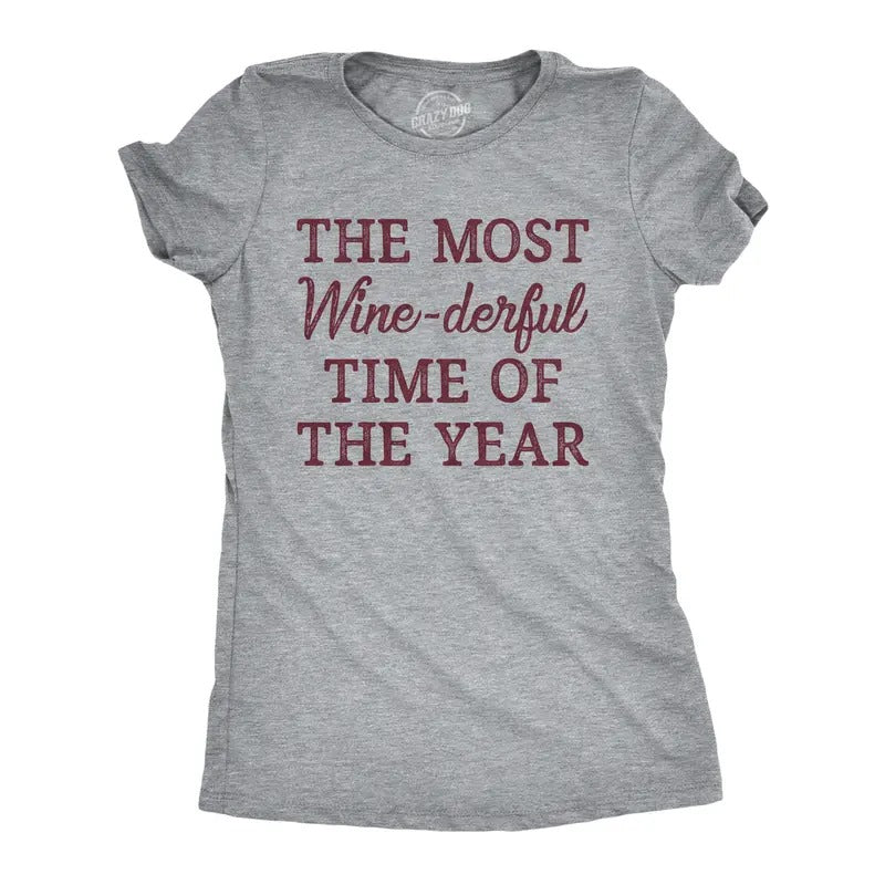 Womens The Most Winederful Time Of The Year T Shirt Funny Xmas Holiday Wine Drinking Lovers Tee For Ladies Funny Womens T Shirts Cute Slimming Top Comfortable Soft Womenswear Christmas T Shirt for Light Grey