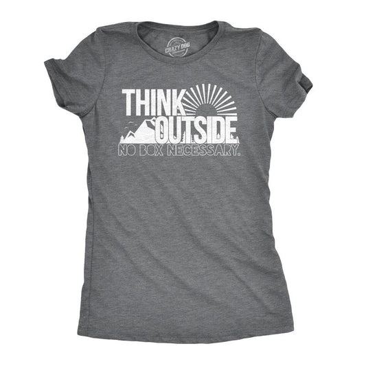 Womens Think Outside No Box Necessary Funny Cool Camping Graphic Funny T Shirt Funny Womens T Shirts Cute Slimming Top Comfortable Soft Womenswear Funny Camping Top Women's Novelty Tees Dark Grey