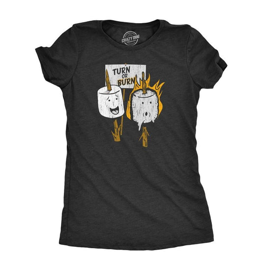 Womens Turn Or Burn T Shirt Funny Campfire Marshmallow Smores Joke Tee For Ladies Funny Womens T Shirts Cute Slimming Top Comfortable Soft Womenswear Food Tops for Women Funny Camping Top Women's Black -