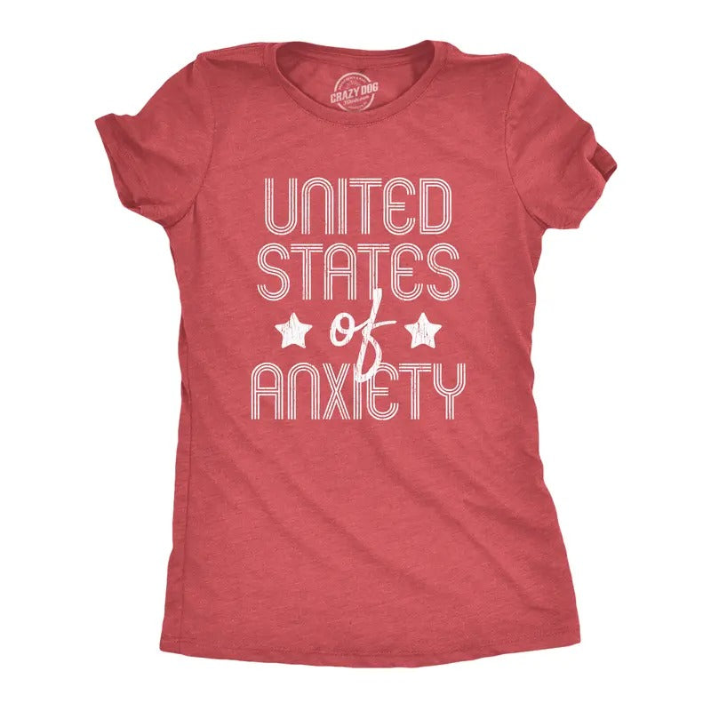 Womens United States Of Anxiety T Shirt Funny Social Distance USA Quarantine Graphic Tee Funny Womens T Shirts Cute Slimming Top Comfortable Soft Womenswear Patriotic Tops for Women Funny Introvert Red