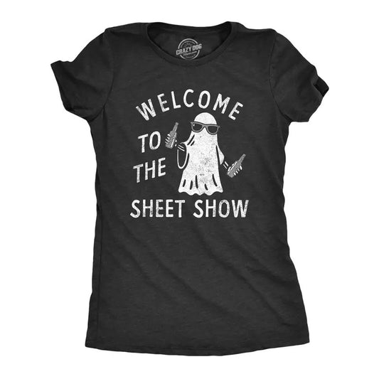 Womens Welcome To The Sheet Show T Shirt Funny Halloween Partying Bedsheet Ghost Tee For Ladies Funny Womens T Shirts Cute Slimming Top Comfortable Soft Womenswear Halloween Tops for Women Funny Black -